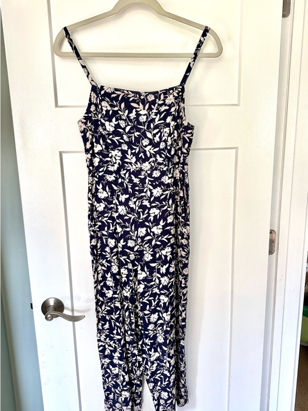 Old Navy Navy and White Floral Smocked Jumpsuit Cropped Length